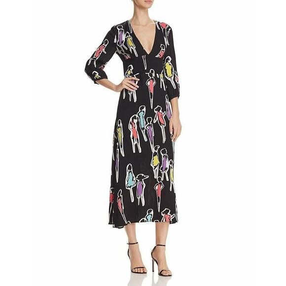 $725 Boutique Moschino Black Multi Print Crepe Midi Vneck Dress 38 US 4 NWT - Picture 1 of 16